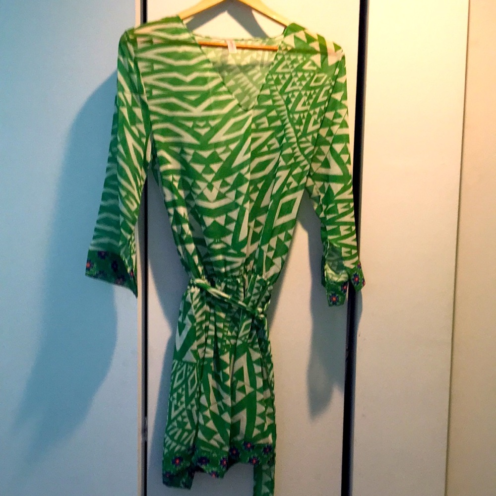 Green and white long sleeved coverup. Size M